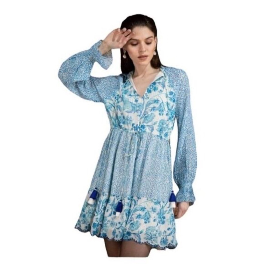 House of Harlow 1960 Blue & White Boho Mini Dress – Size M – Excellent Condition